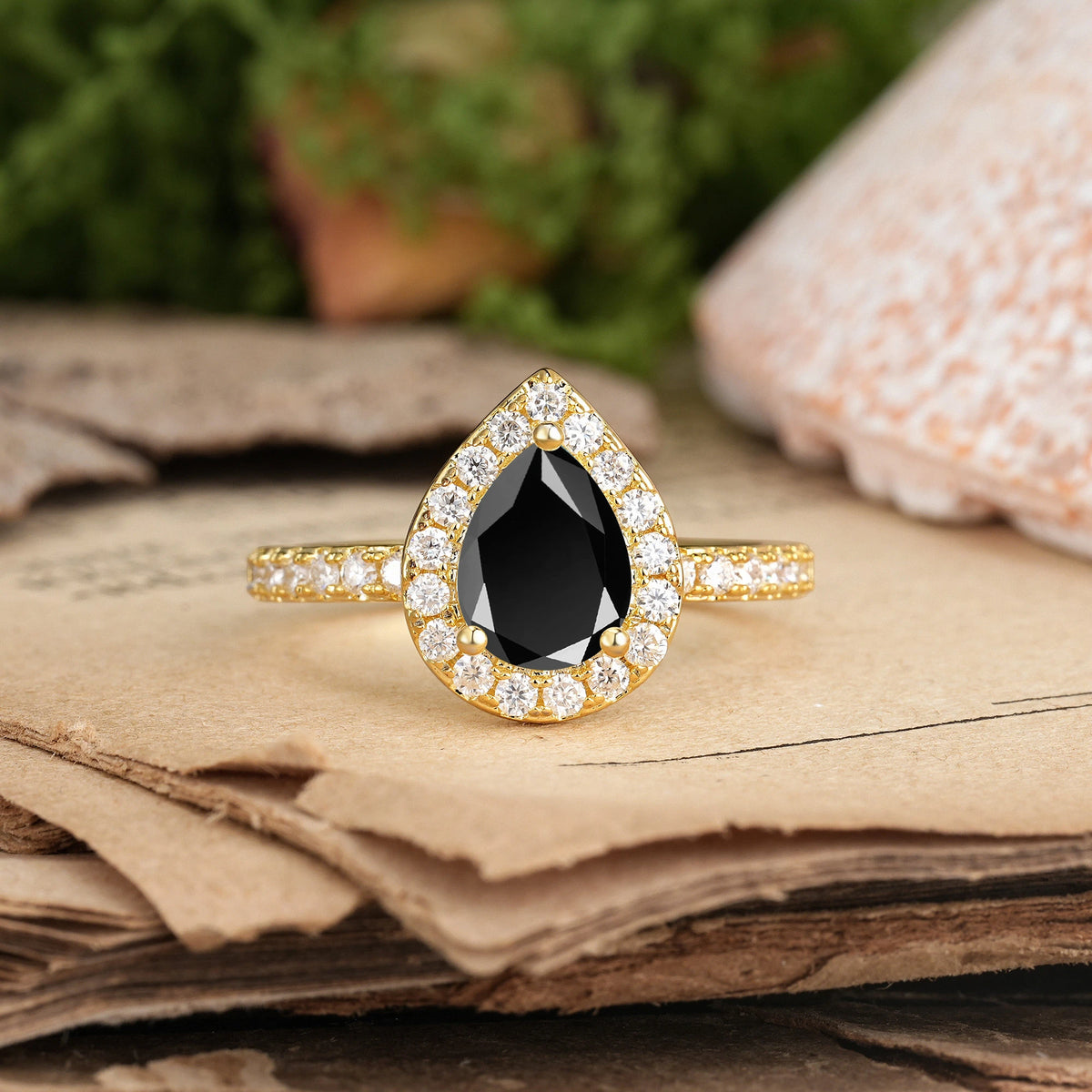 Pear Cut Black Onyx Luxurious Vintage 3 Prong Engagement Ring