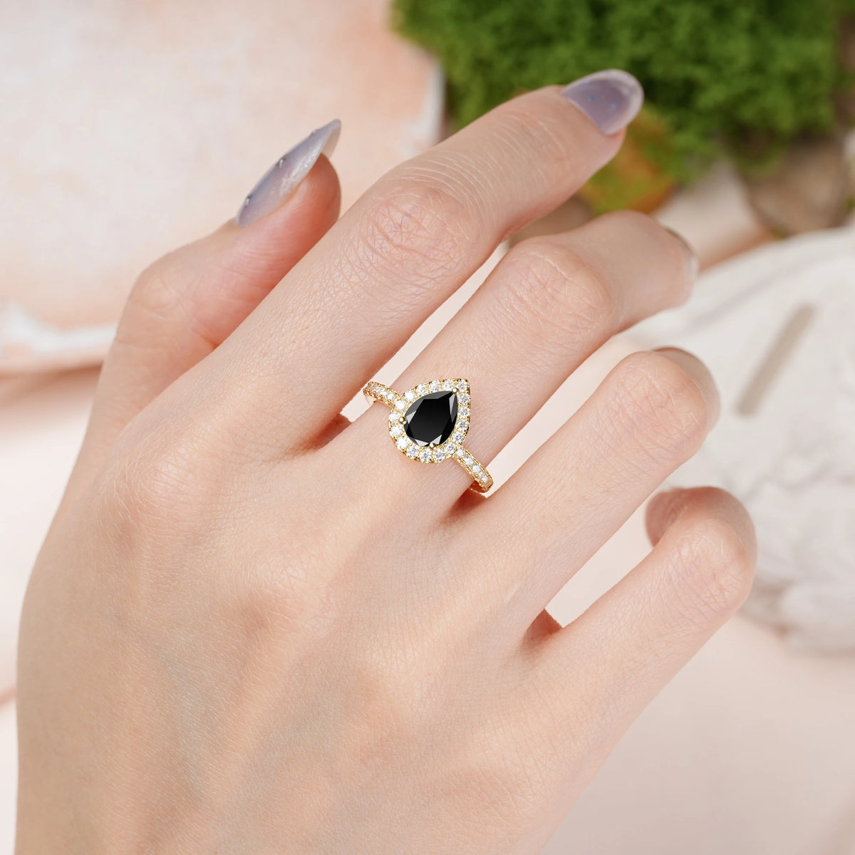 Pear Cut Black Onyx Luxurious Vintage 3 Prong Engagement Ring
