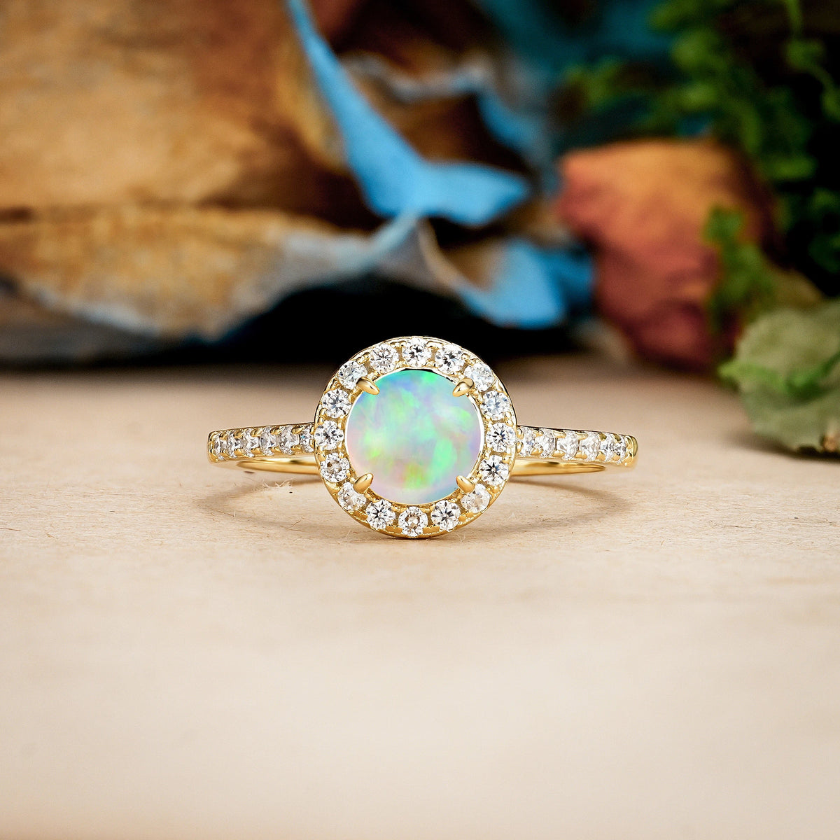 Round Cut Fire Opal Luxurious Vintage 4 Prong Engagement Ring