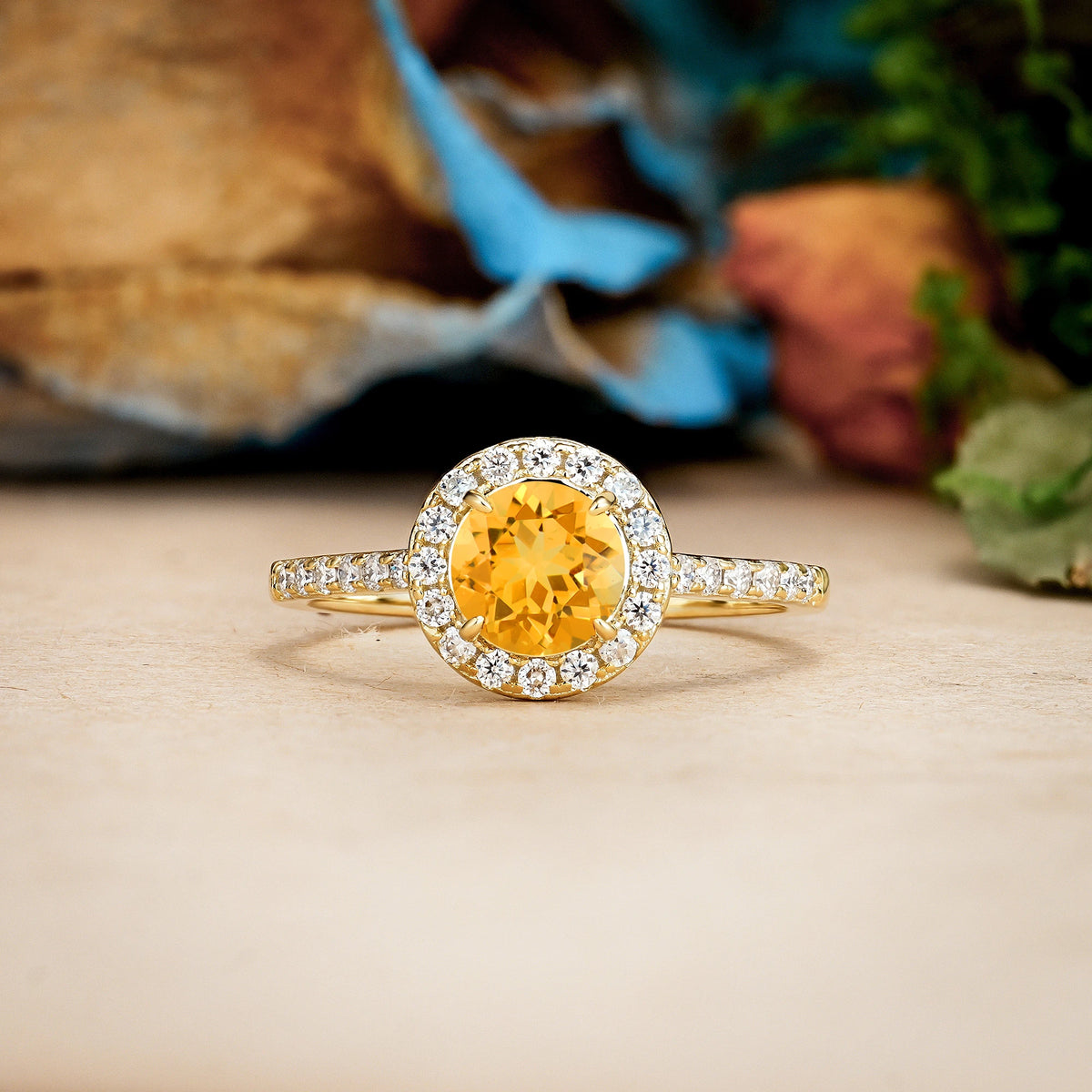 Round Cut Citrine Luxurious Vintage 4 Prong Engagement Ring