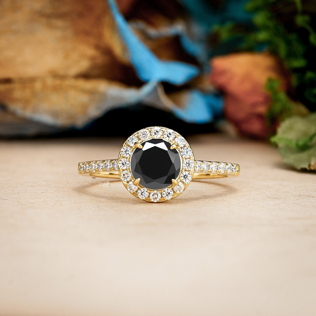 Round Cut Black Onyx Luxurious Vintage 4 Prong Engagement Ring