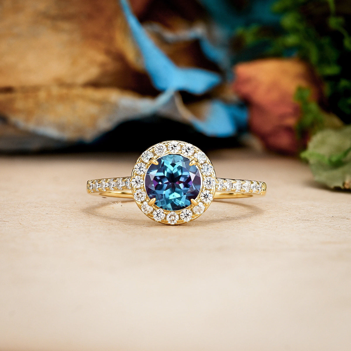 Round Cut Alexandrite Luxurious Vintage 4 Prong Engagement Ring