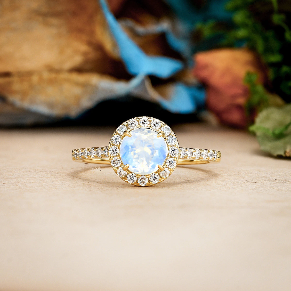 Round Cut Moonstone Luxurious Vintage 4 Prong Engagement Ring