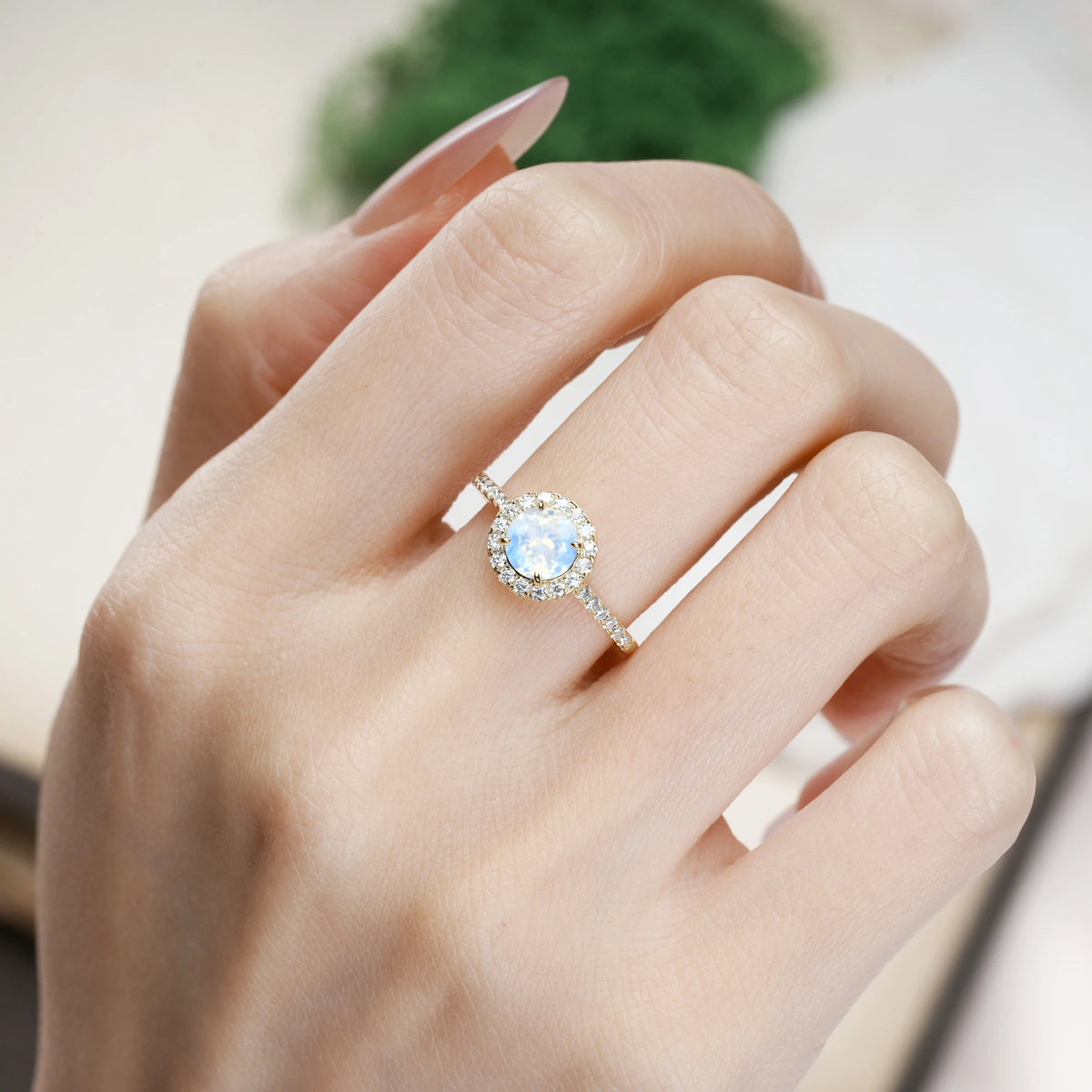 Round Cut Moonstone Luxurious Vintage 4 Prong Engagement Ring