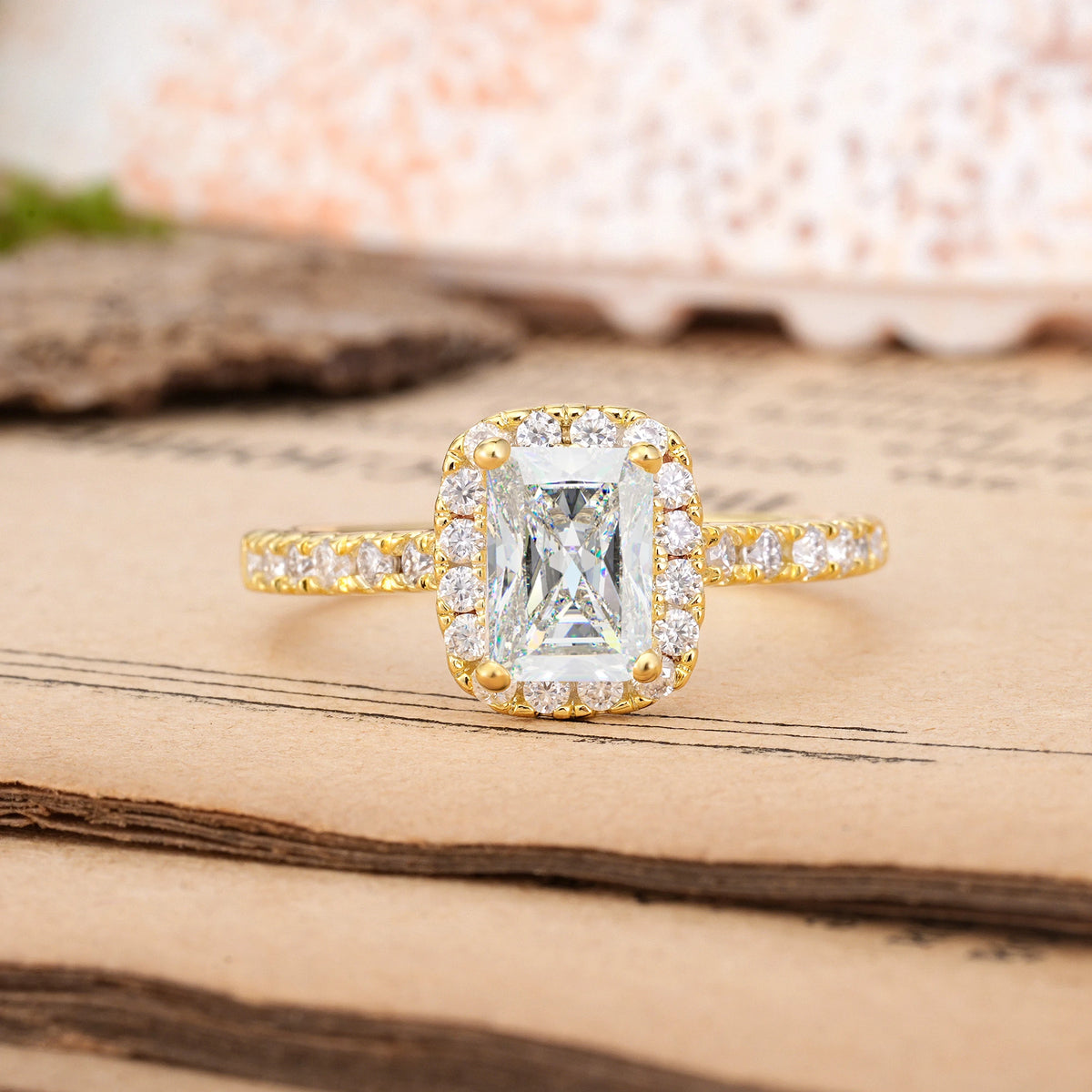Emerald Cut Moissanite Luxurious Vintage Style 4 Prong Engagement Ring