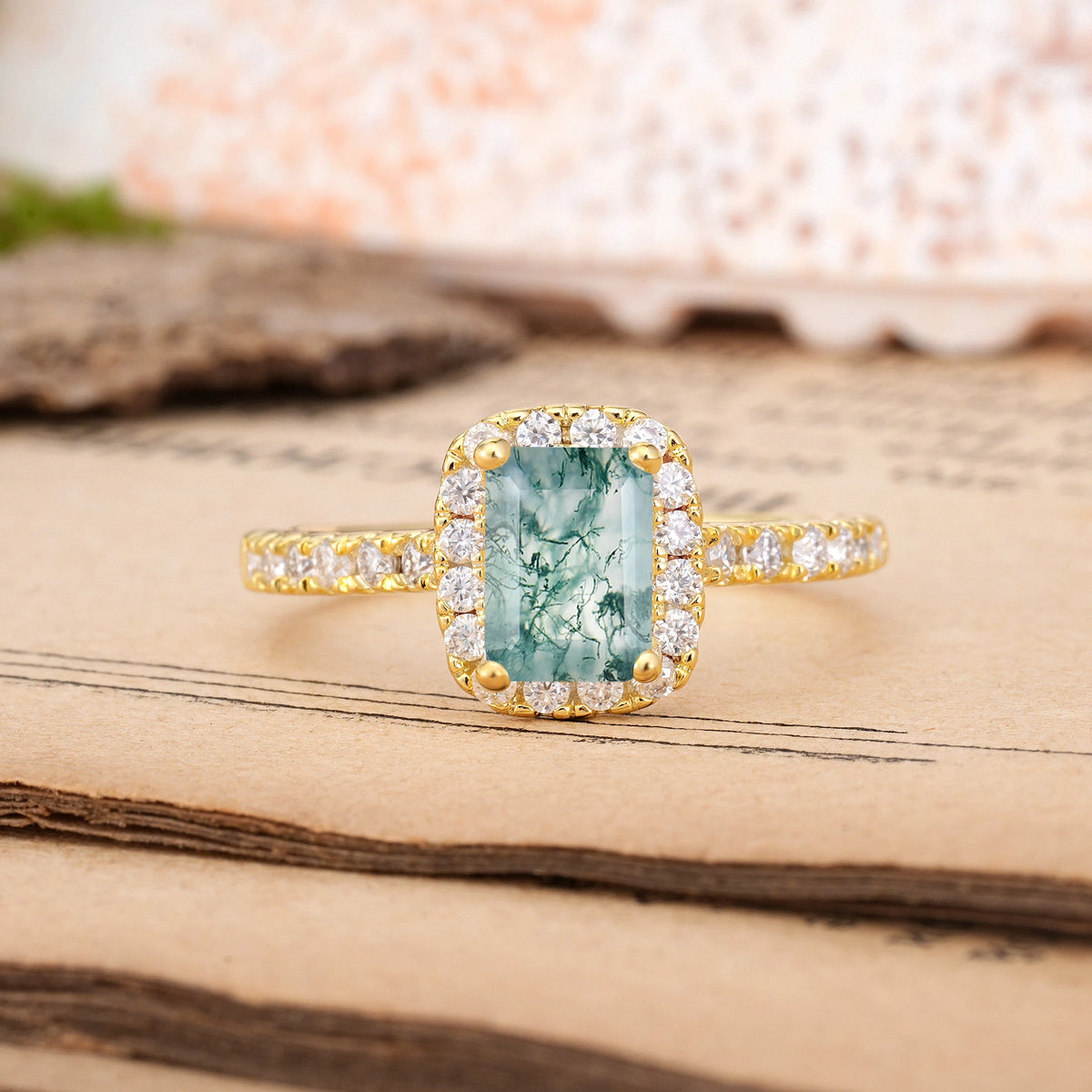 Emerald Cut Moss Agate Luxurious Vintage Style 4 Prong Engagement Ring