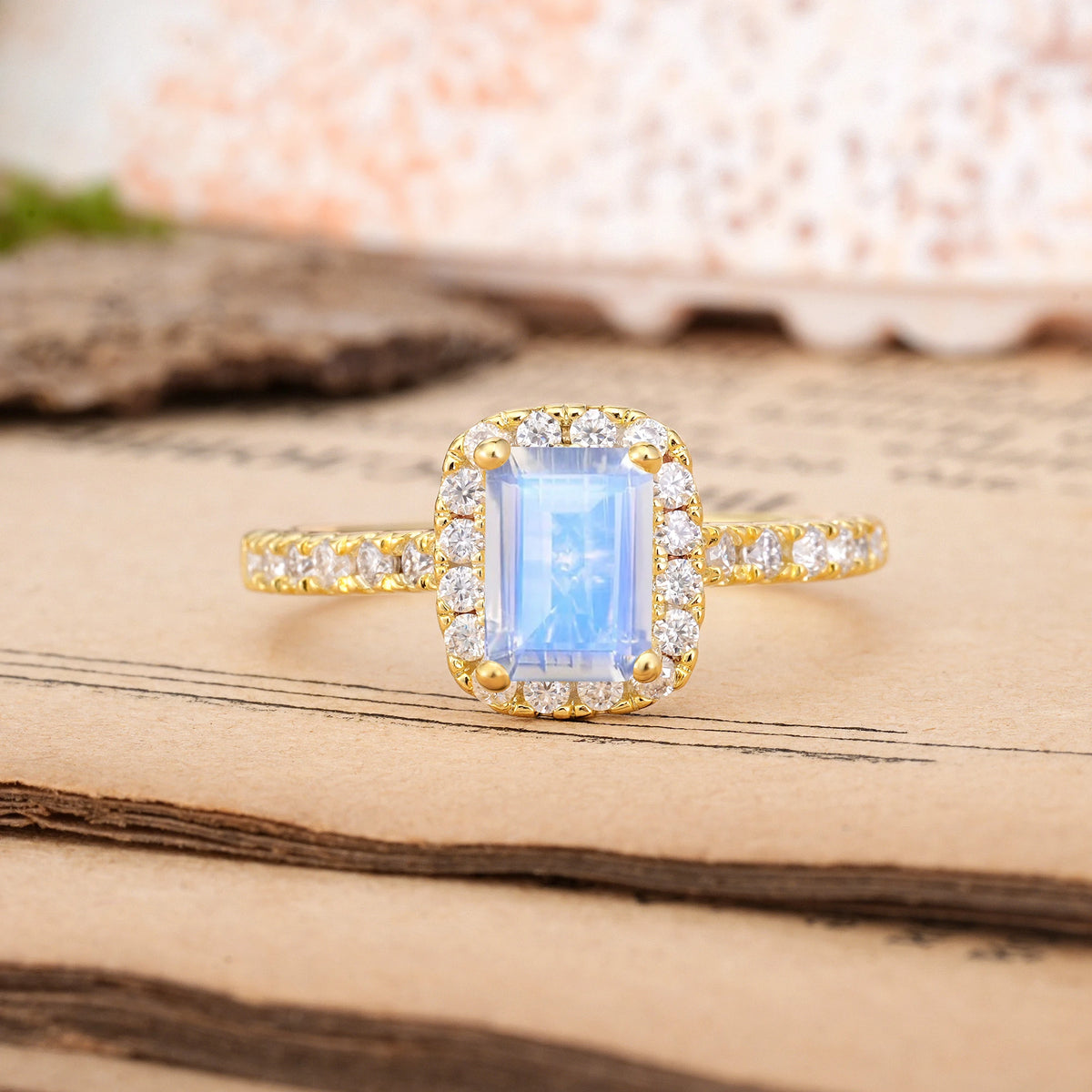 Emerald Cut Moonstone Luxurious Vintage Style 4 Prong Engagement Ring