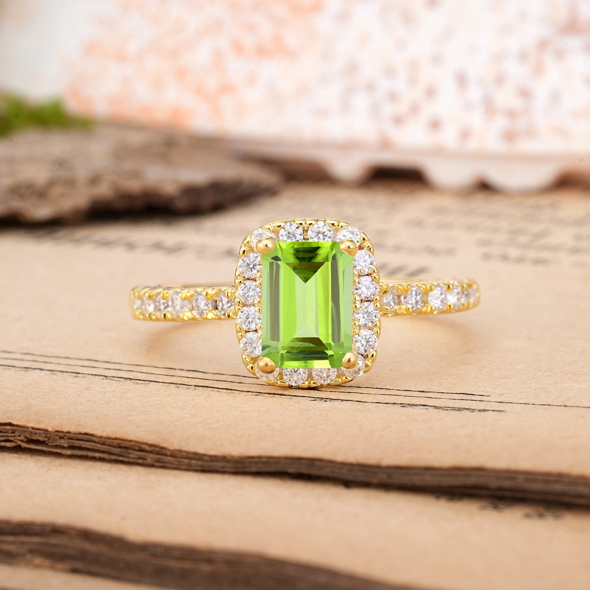 Emerald Cut Peridot Luxurious Vintage Style 4 Prong Engagement Ring