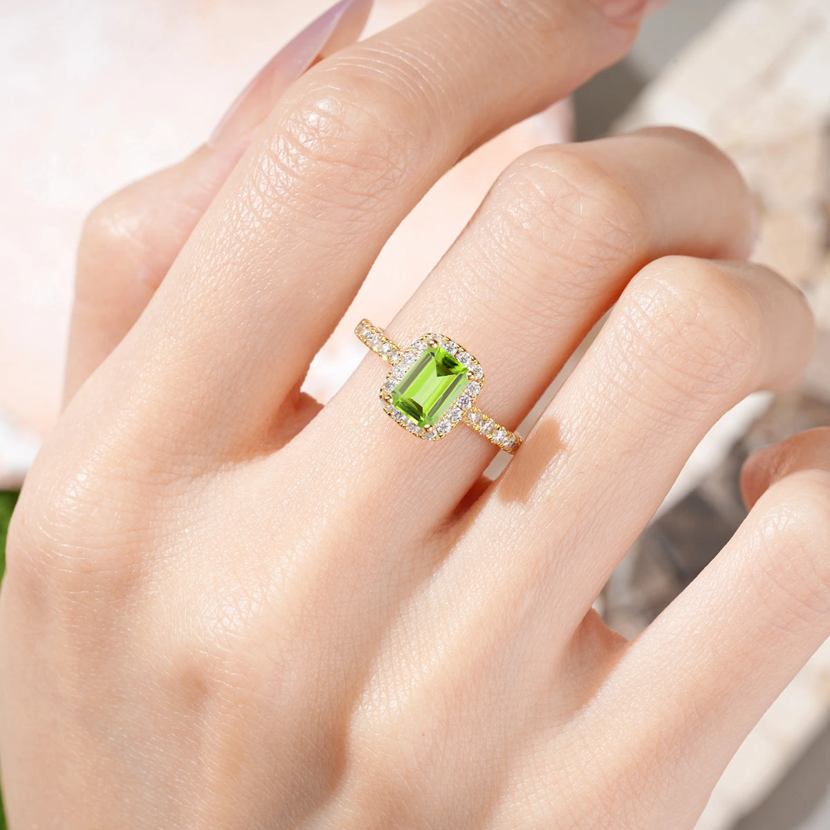 Emerald Cut Peridot Luxurious Vintage Style 4 Prong Engagement Ring