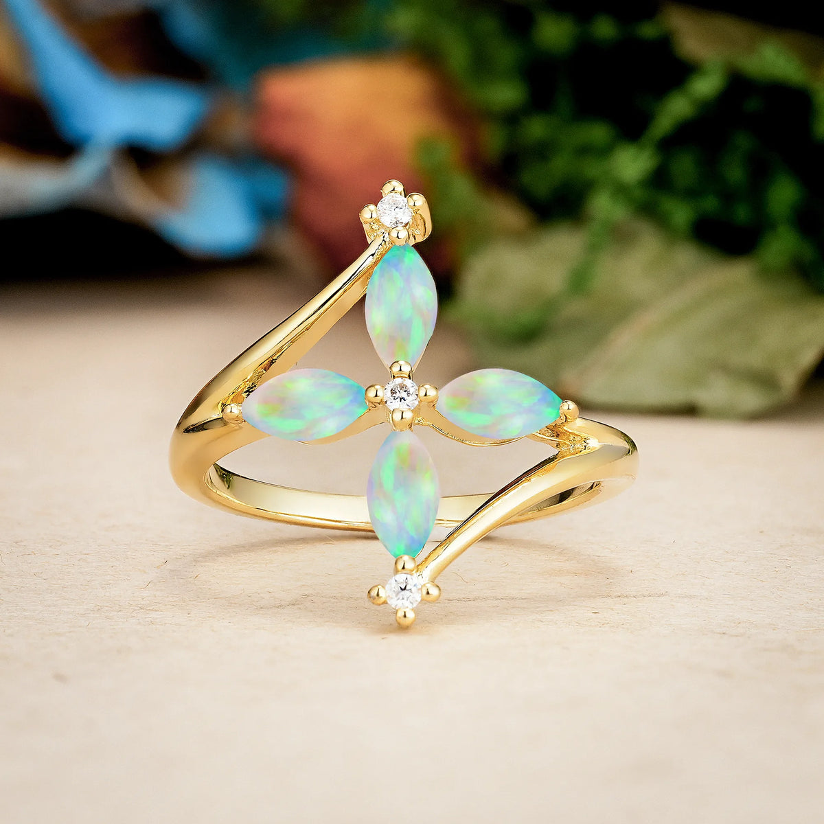 Marquise Cut Fire Opal Four Cross Flower Promise Ring