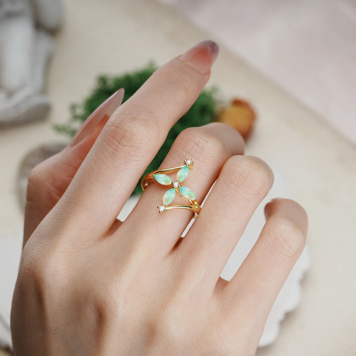 Marquise Cut Fire Opal Four Cross Flower Promise Ring