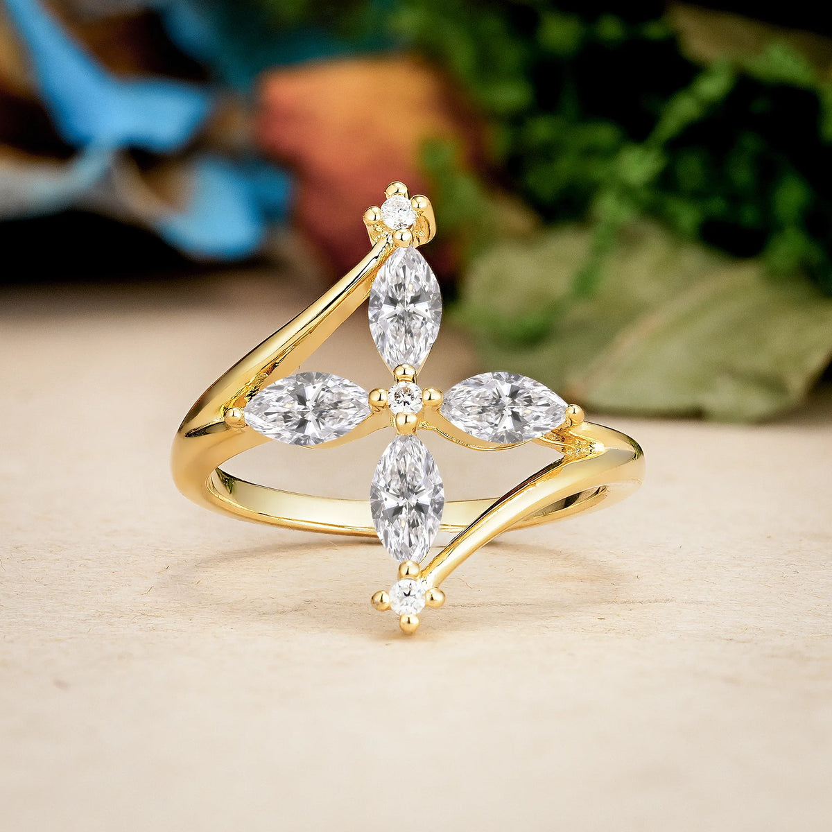 Marquise Cut Lab Diamond Four Cross Flower Promise Ring