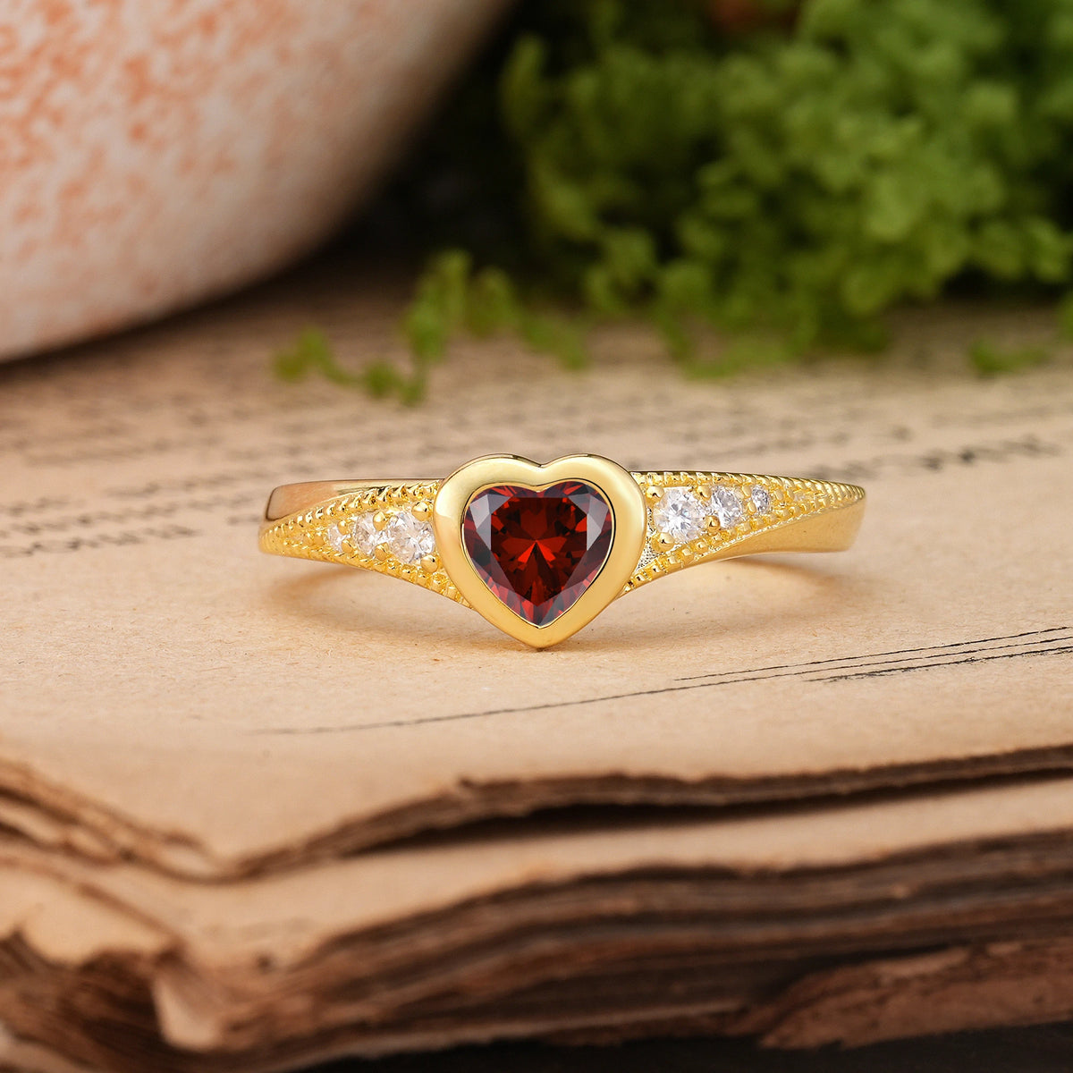 Heart-Cut Garnet Classic & Minimalist Flush-Set Promise Ring