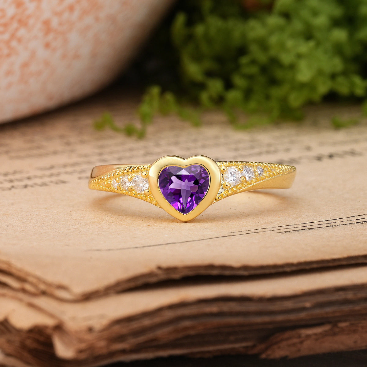 Heart-Cut Amethyst Classic & Minimalist Flush-Set Promise Ring
