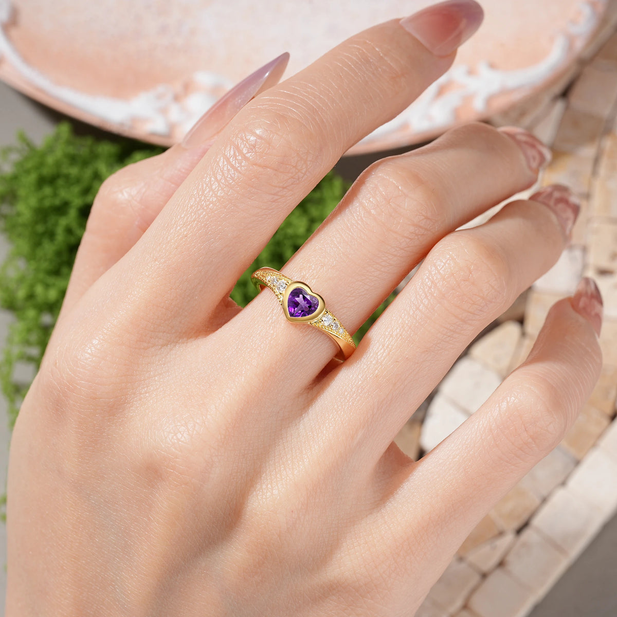 Heart-Cut Amethyst Classic & Minimalist Flush-Set Promise Ring