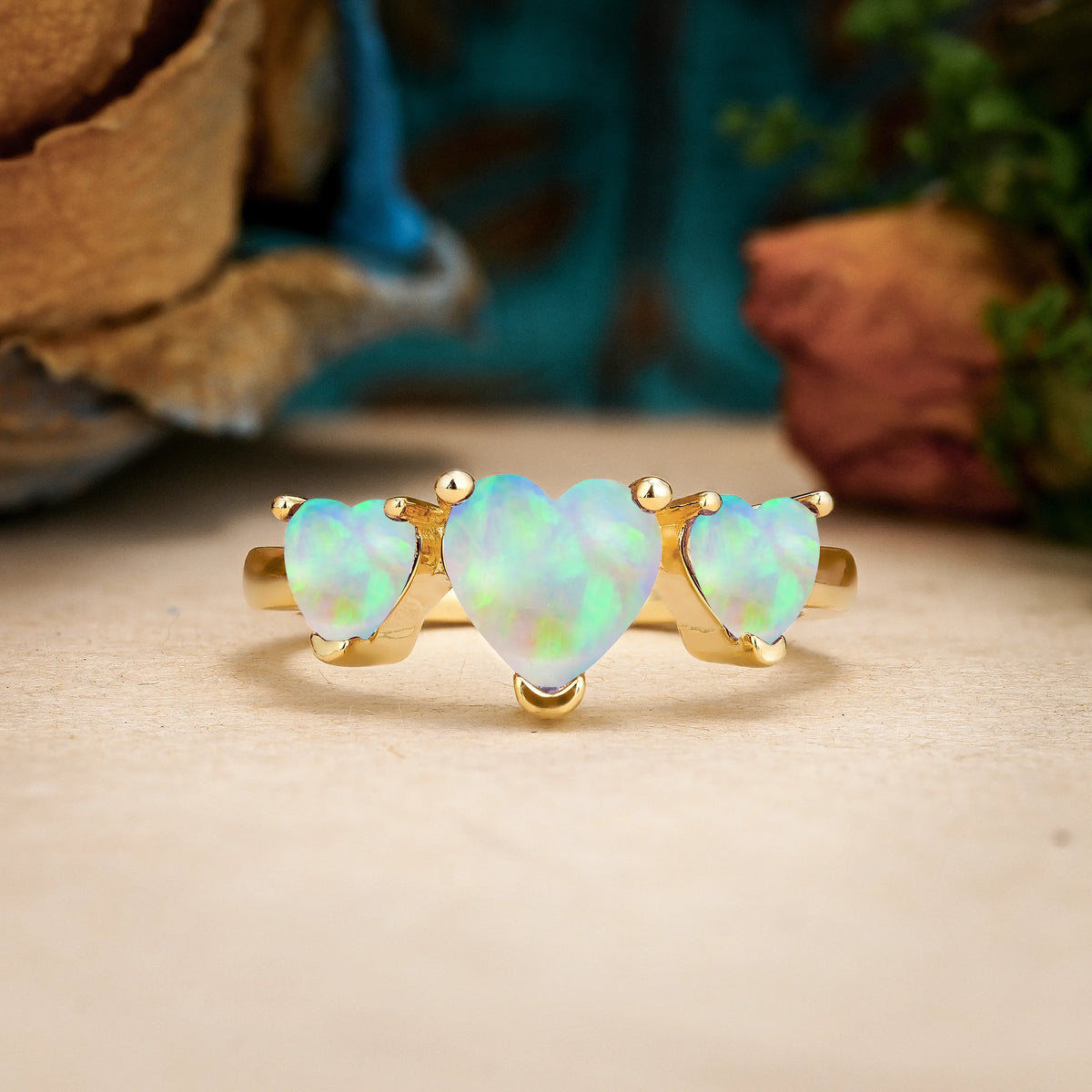 Heart Cut Fire Opal Unique 3 Prong Three stones Promise Ring