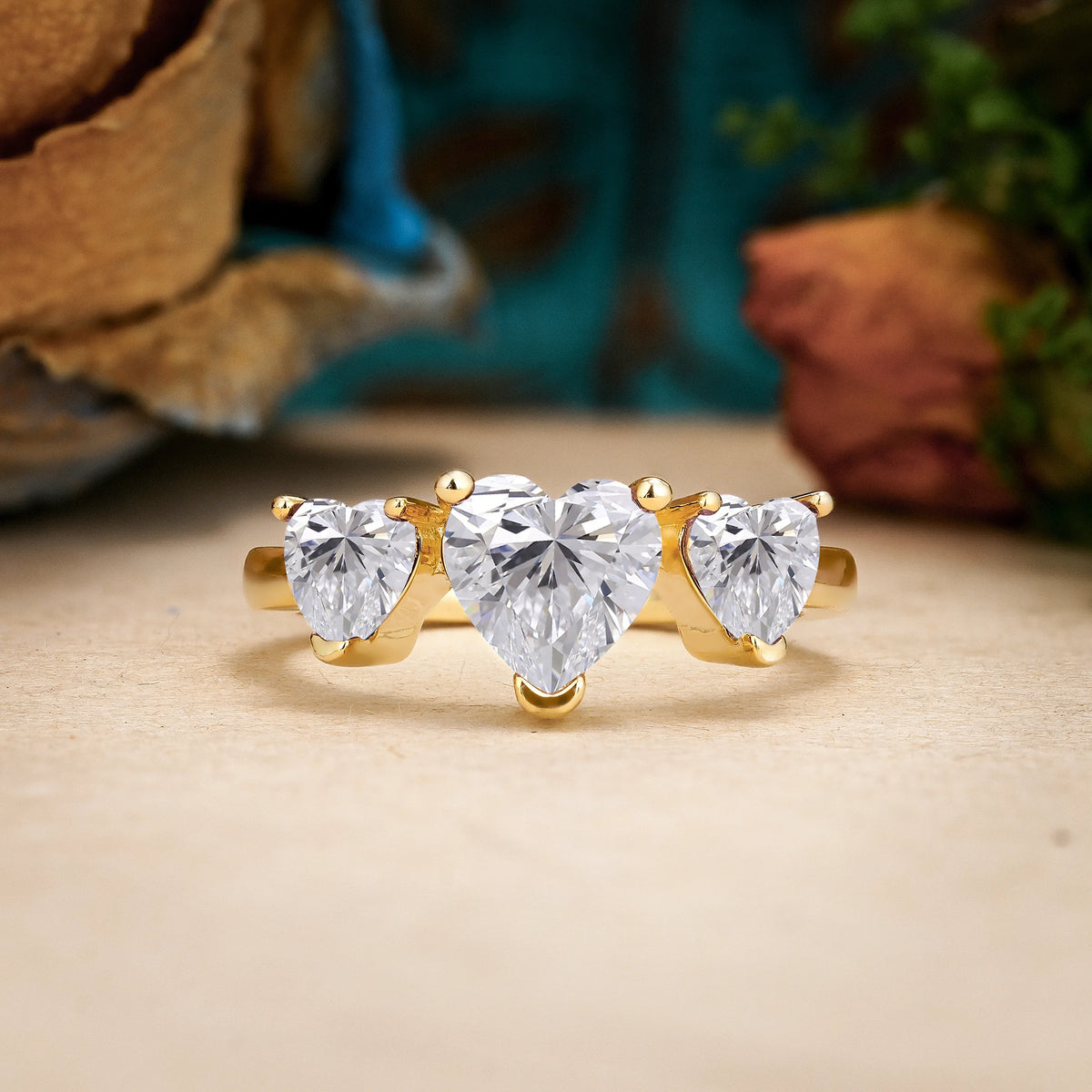 Heart Cut Lab Diamond Unique 3 Prong Three stones Promise Ring