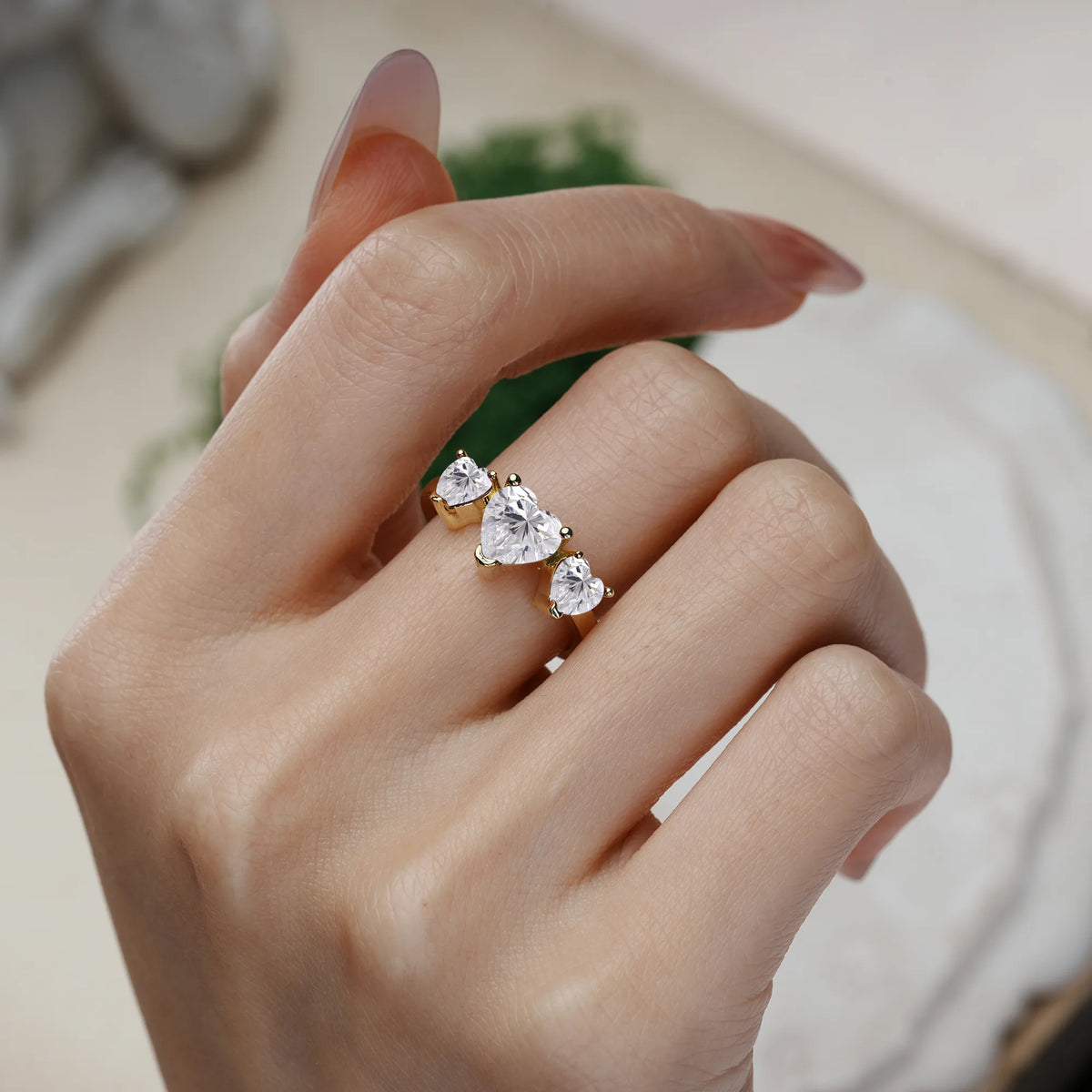 Heart Cut Lab Diamond Unique 3 Prong Three stones Promise Ring
