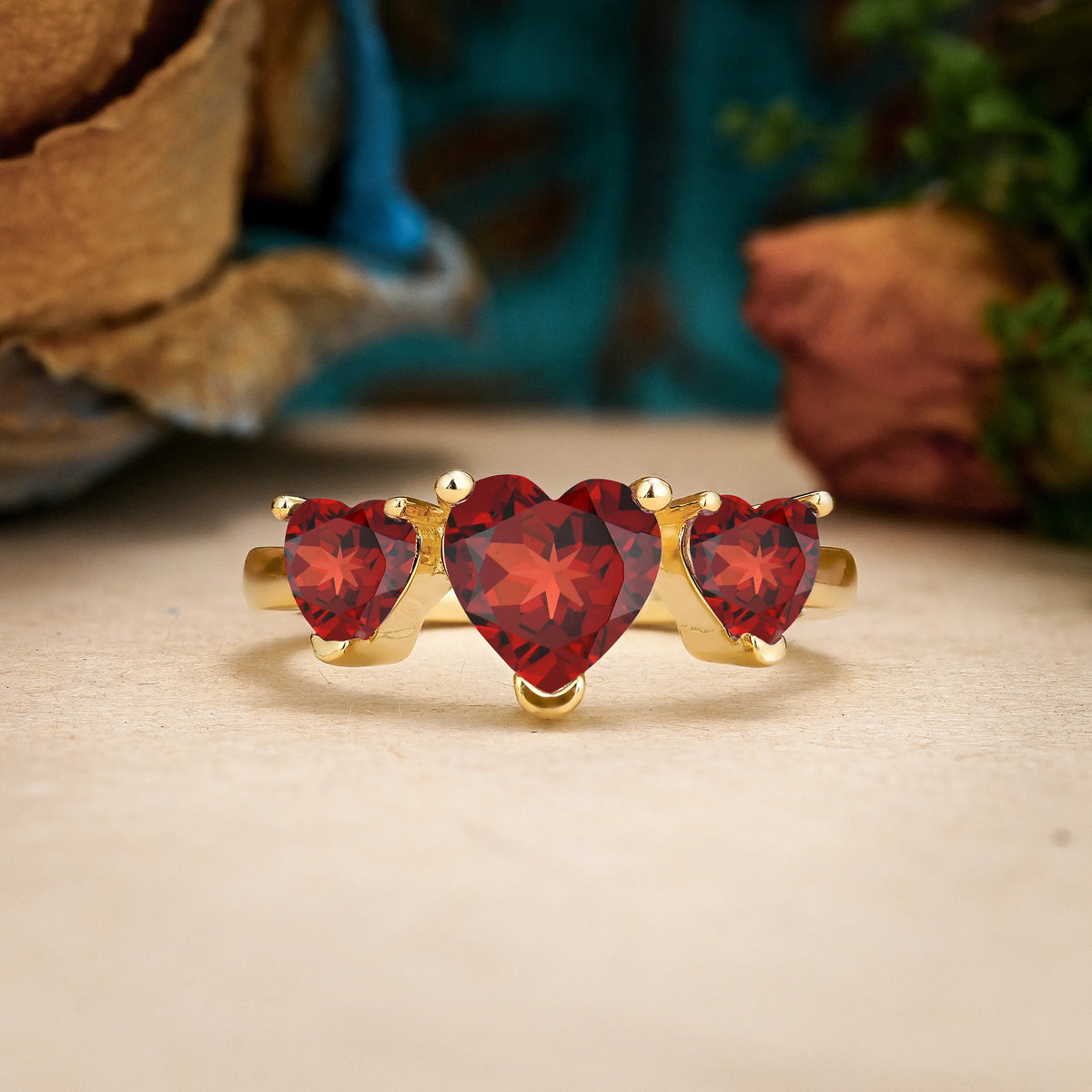 Heart Cut Garnet Unique 3 Prong Three stones Promise Ring