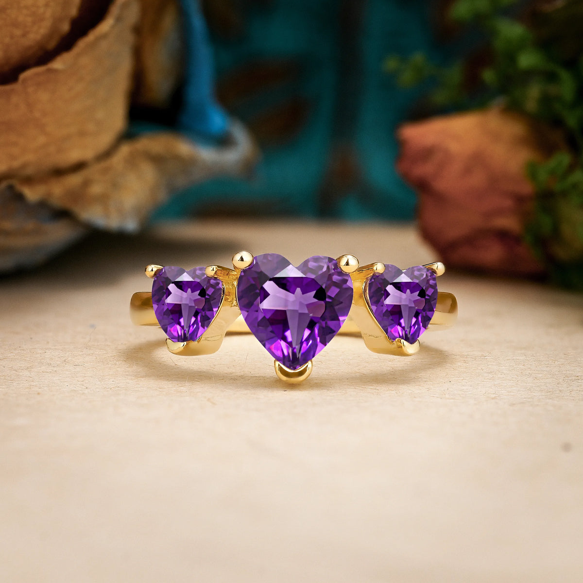 Heart Cut Amethyst Unique 3 Prong Three stones Promise Ring