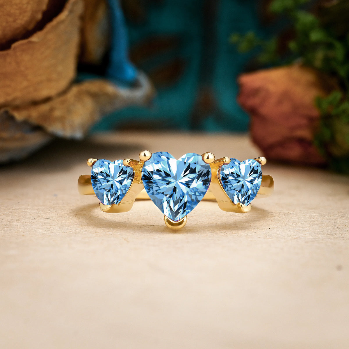 Heart Cut Aquamarine Unique 3 Prong Three stones Promise Ring