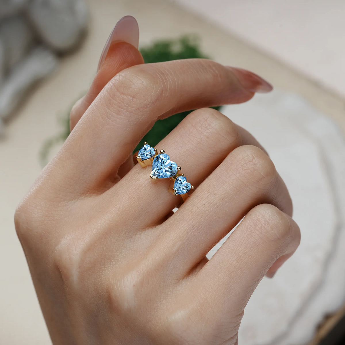 Heart Cut Aquamarine Unique 3 Prong Three stones Promise Ring