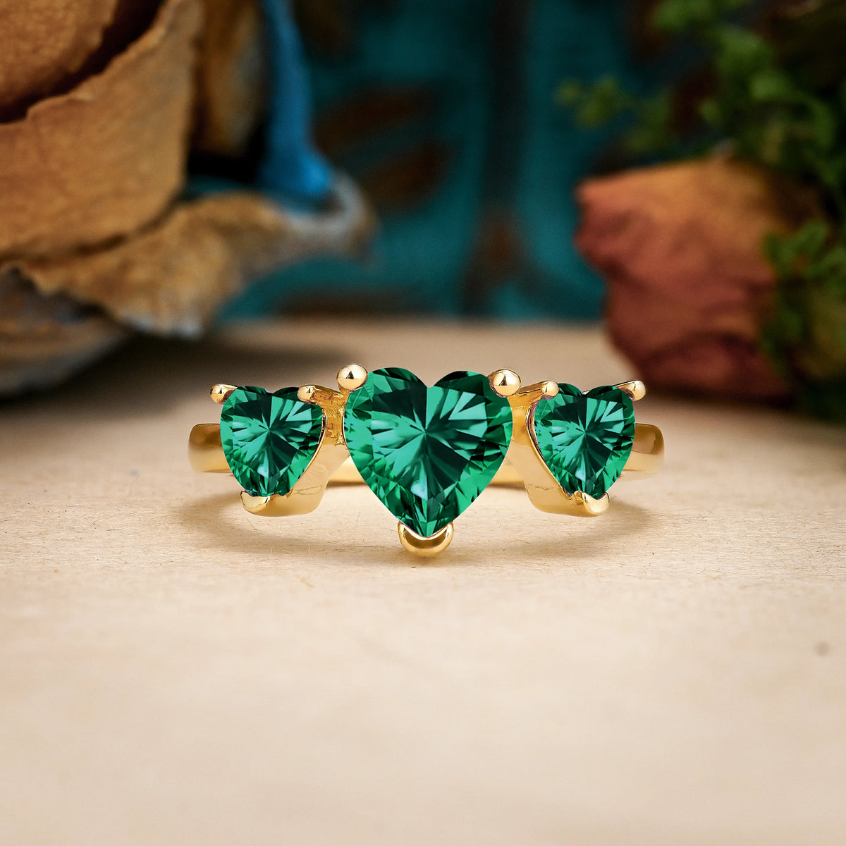 Heart Cut Emerald Unique 3 Prong Three stones Promise Ring
