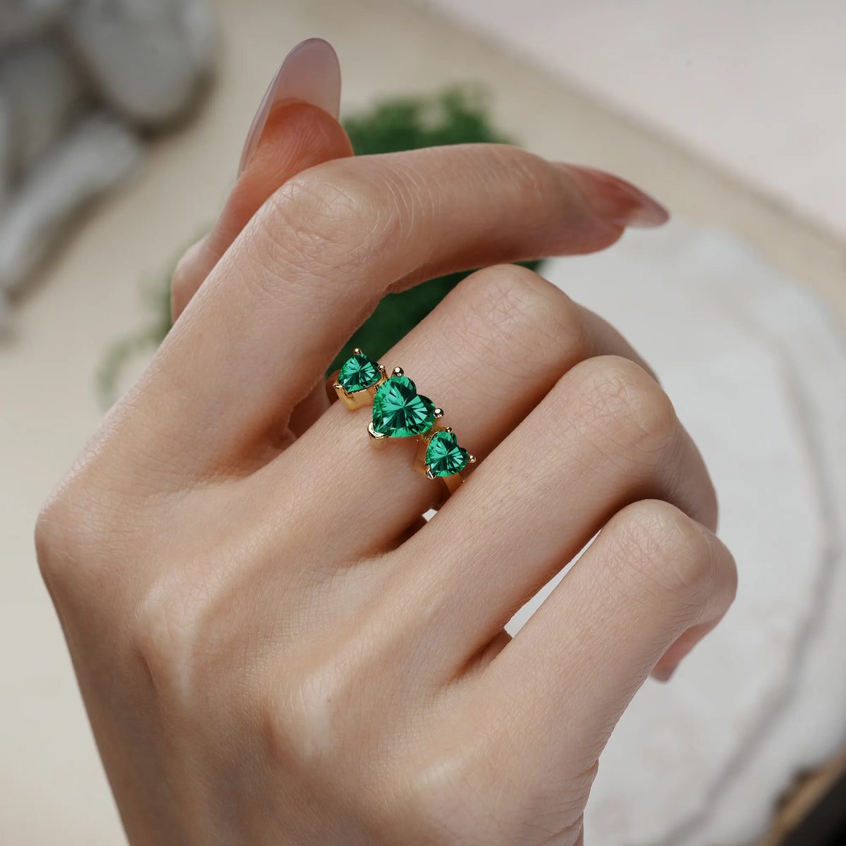 Heart Cut Emerald Unique 3 Prong Three stones Promise Ring
