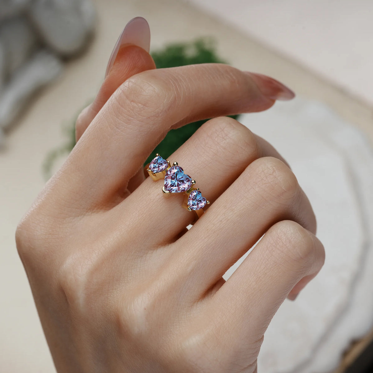 Heart Cut Alexandrite Unique 3 Prong Three stones Promise Ring