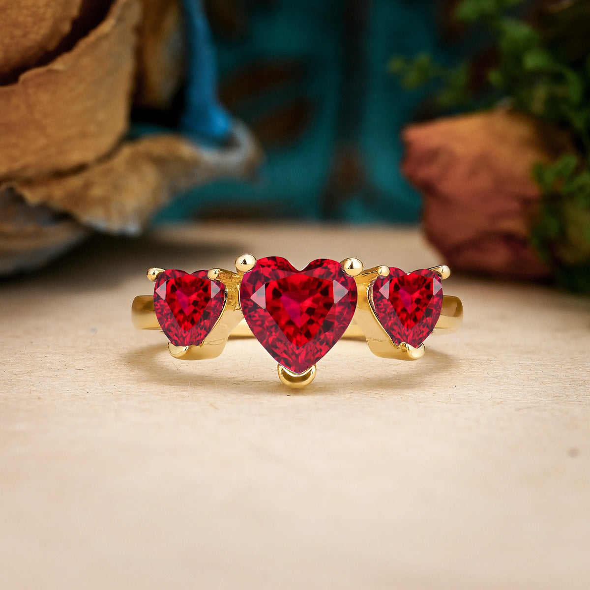 Heart Cut Ruby Unique 3 Prong Three stones Promise Ring