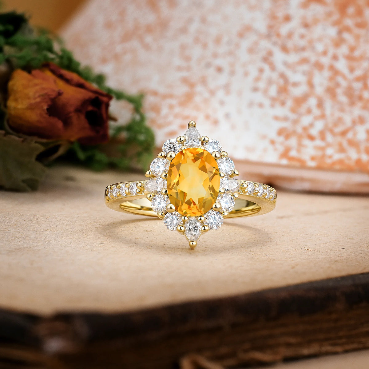 Oval Cut Citrine Classic Pavé-Set, Luxurious 4-Prong Engagement Ring