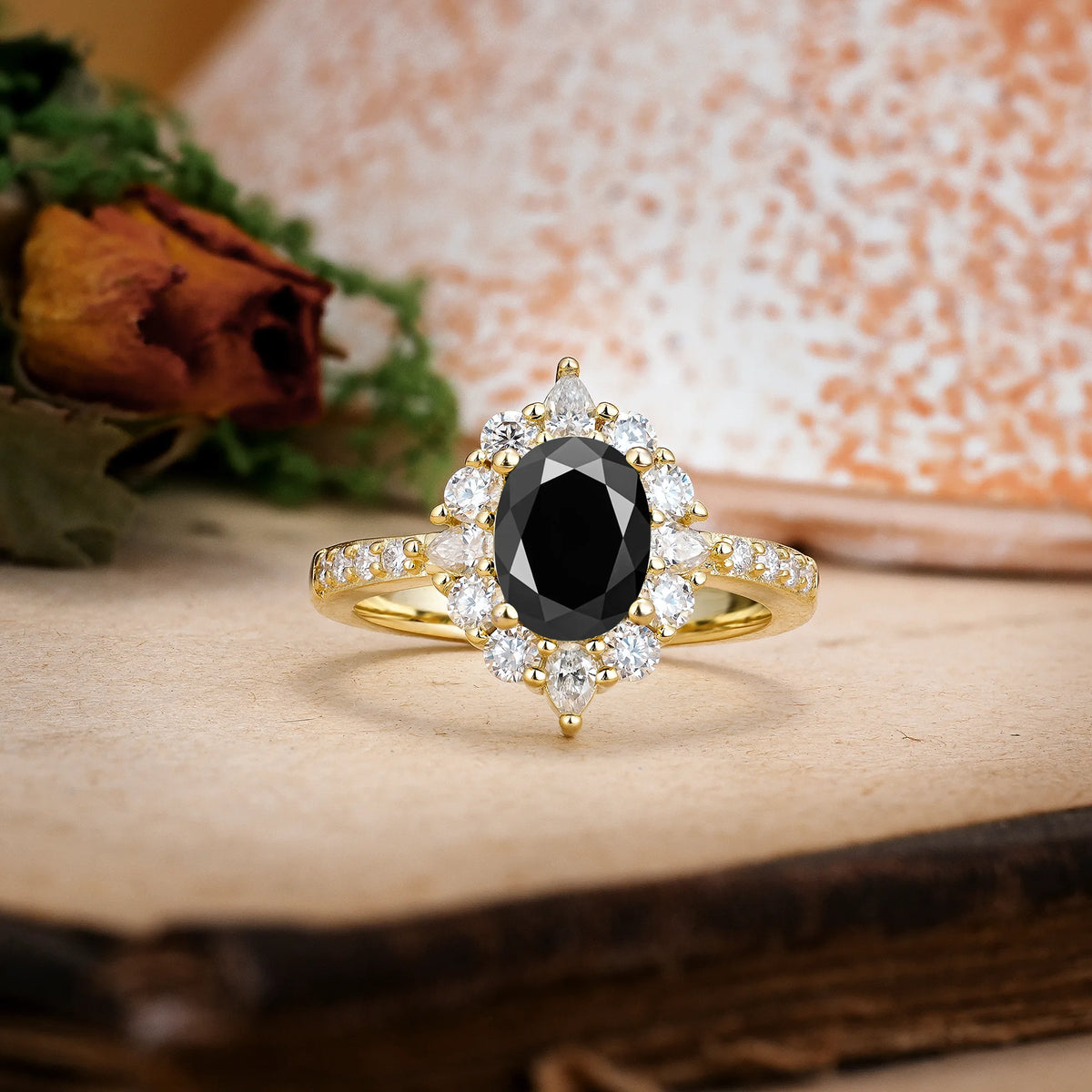 Oval Cut Black Onyx Classic Pavé-Set, Luxurious 4-Prong Engagement Ring
