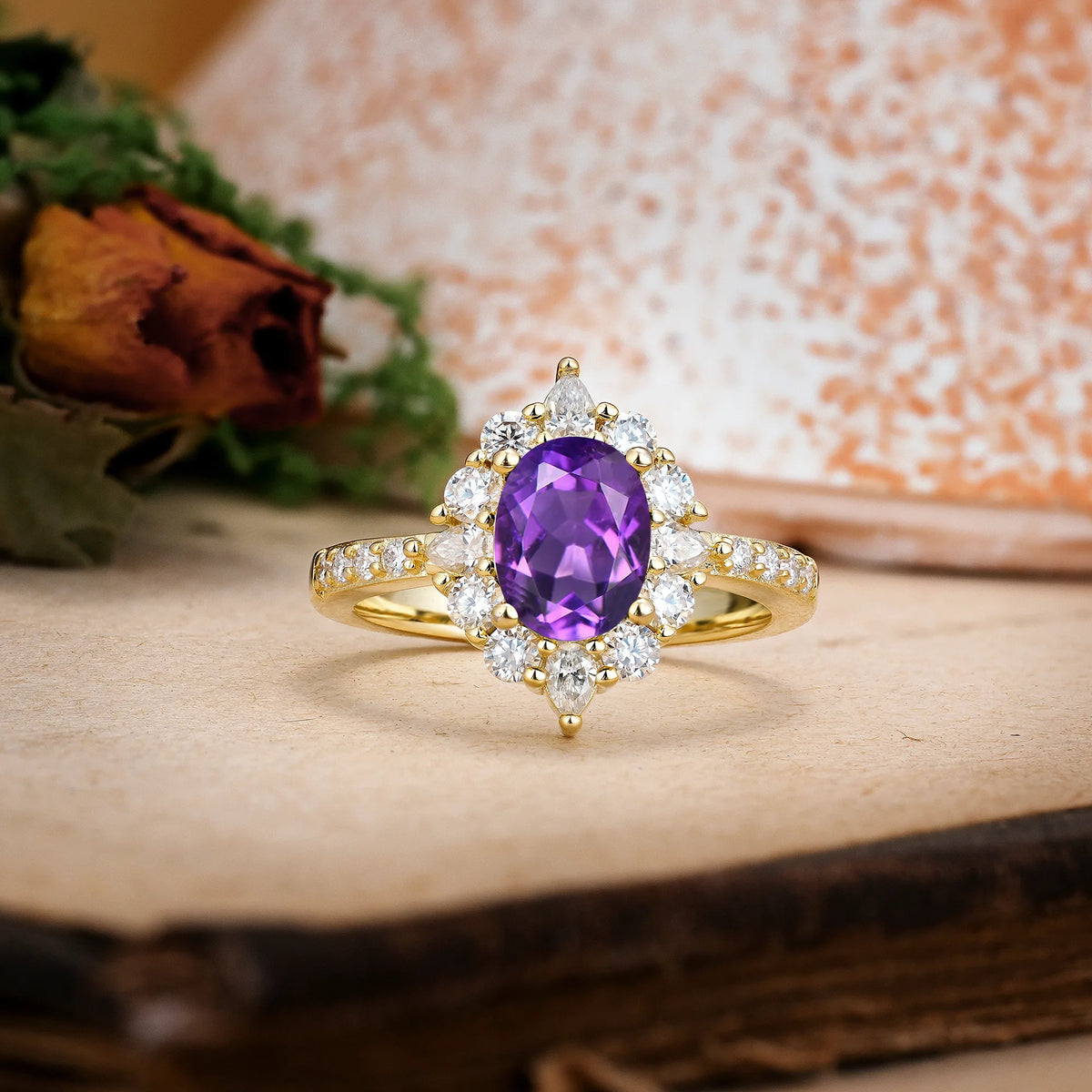 Oval Cut Amethyst Classic Pavé-Set, Luxurious 4-Prong Engagement Ring