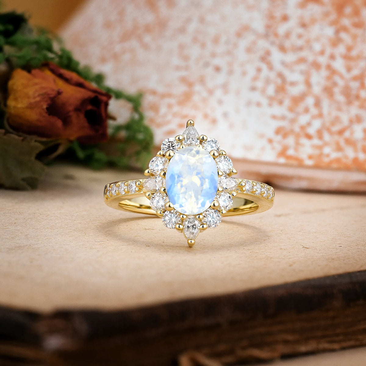 Oval Cut Moonstone Classic Pavé-Set, Luxurious 4-Prong Engagement Ring