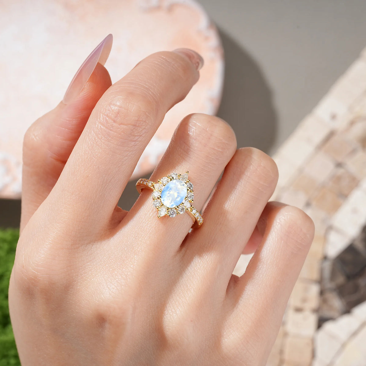 Oval Cut Moonstone Classic Pavé-Set, Luxurious 4-Prong Engagement Ring