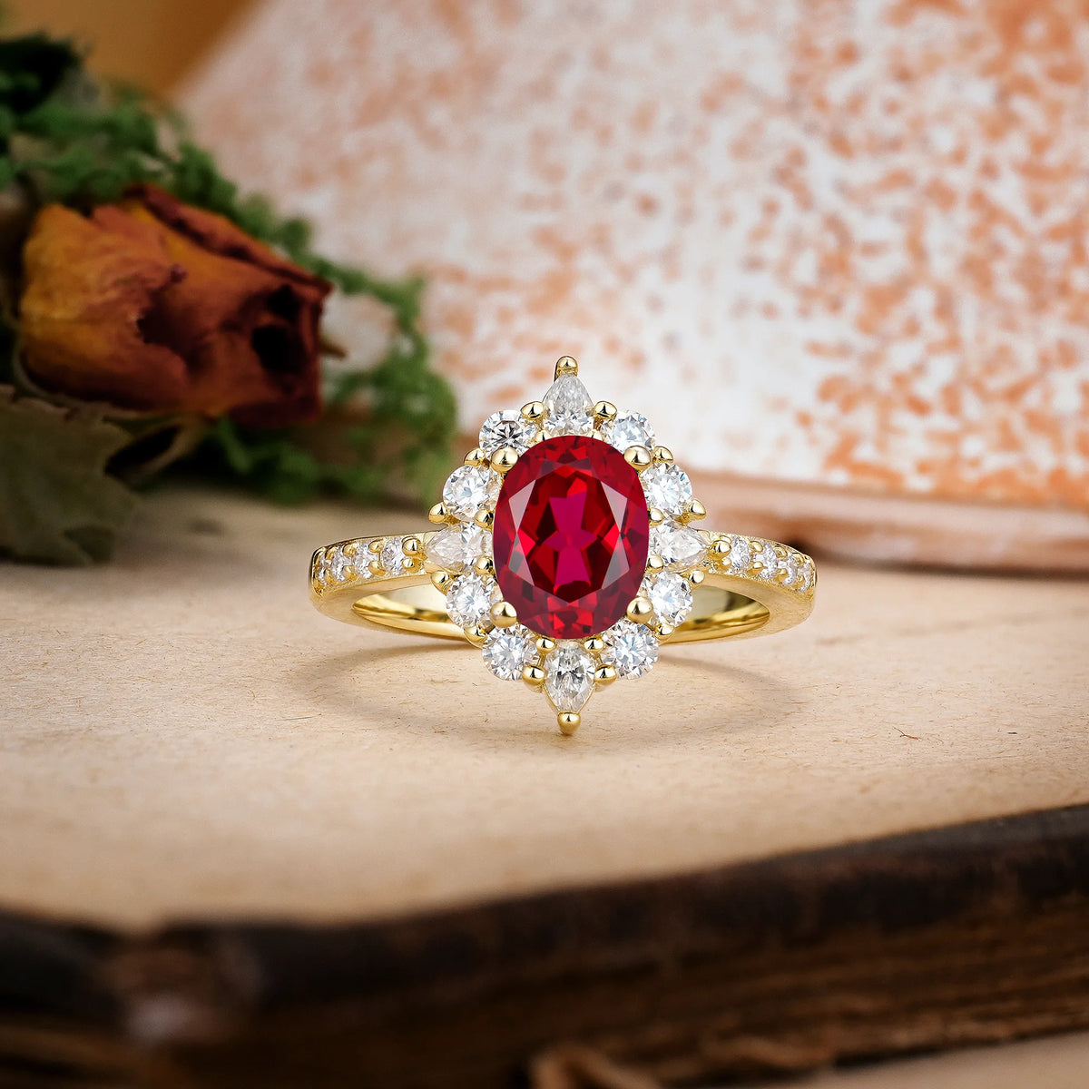 Oval Cut Ruby Classic Pavé-Set, Luxurious 4-Prong Engagement Ring