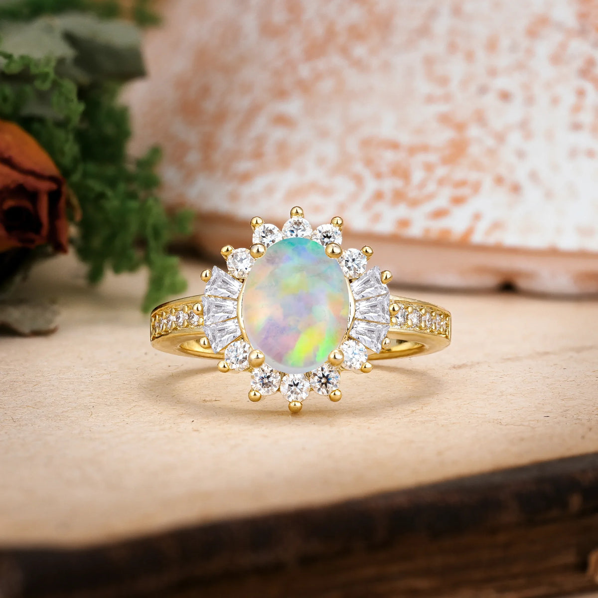 Oval Cut Fire Opal Exquisite Luxury Pavé Set 4 Prong Engagement Ring