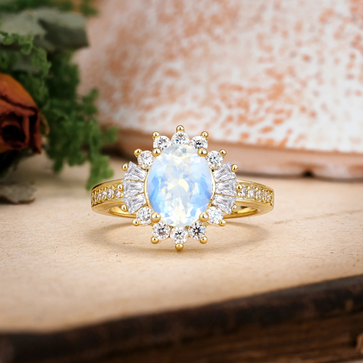 Oval Cut Moonstone Exquisite Luxury Pavé Set 4 Prong Engagement Ring