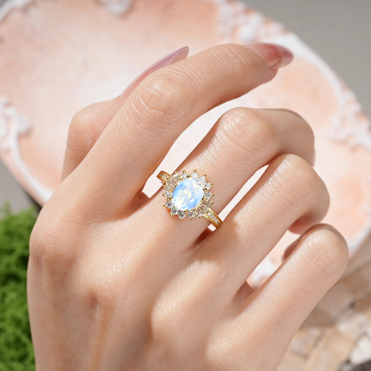 Oval Cut Moonstone Exquisite Luxury Pavé Set 4 Prong Engagement Ring