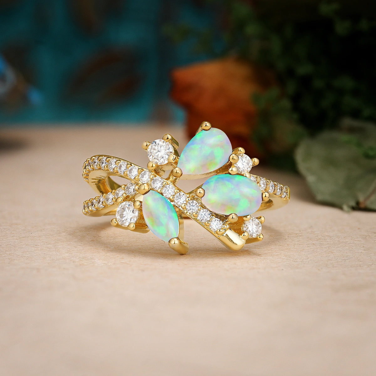 Pear Cut Fire Opal Asymmetric Multi Stone Cluster Promise Ring with Pavé Split Shank