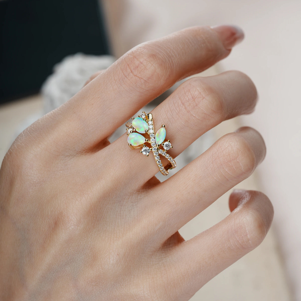 Pear Cut Fire Opal Asymmetric Multi Stone Cluster Promise Ring with Pavé Split Shank