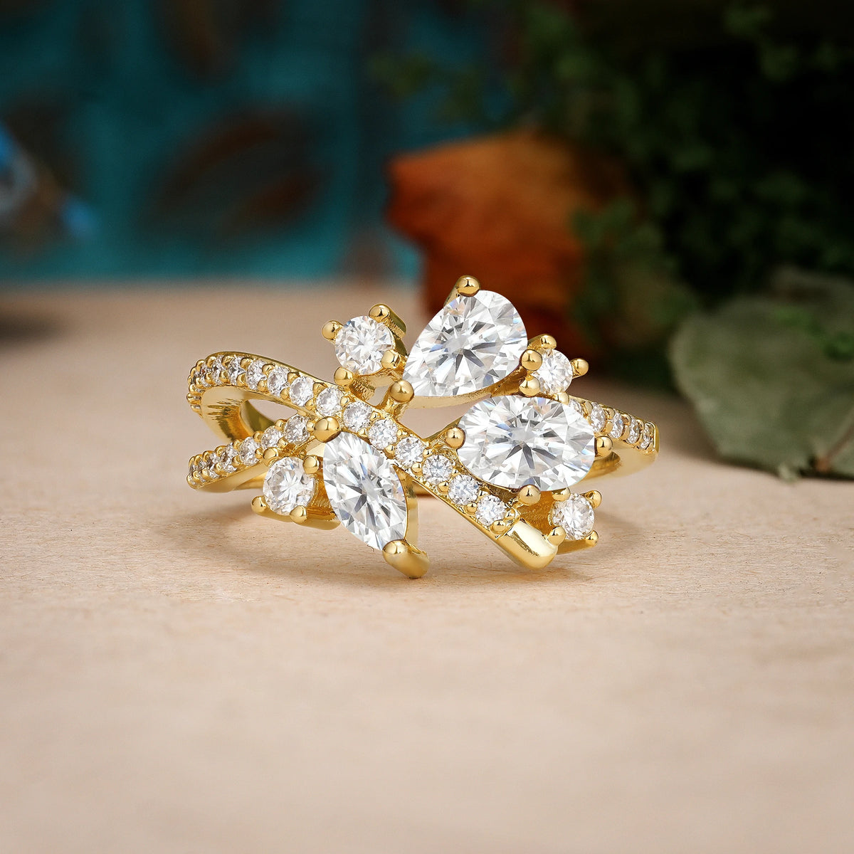 Pear Cut Lab Diamond Asymmetric Multi Stone Cluster Promise Ring with Pavé Split Shank