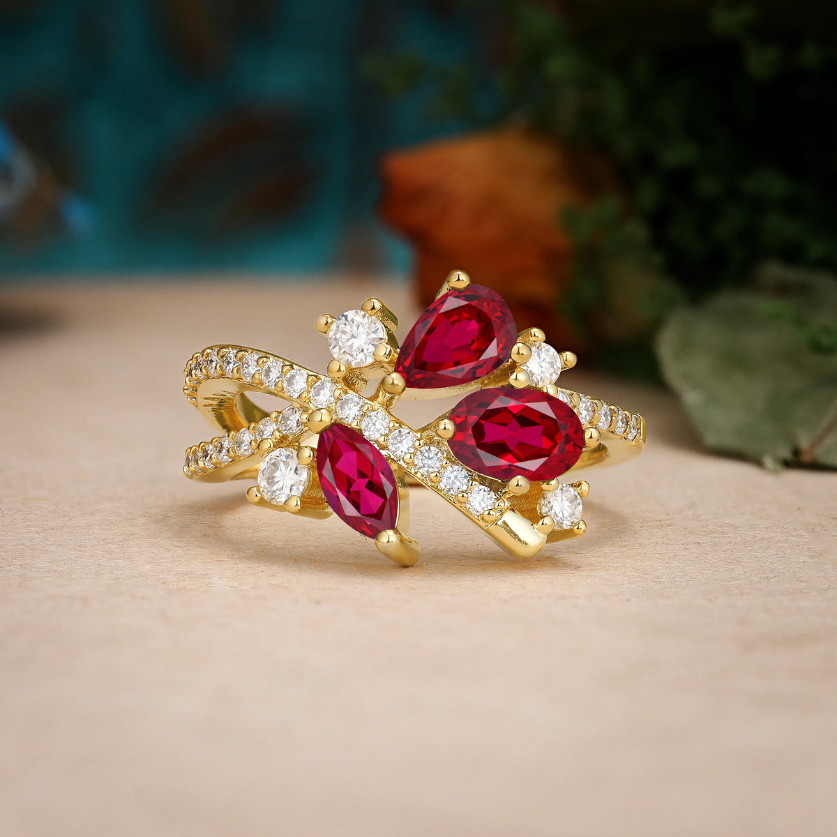 Pear Cut Ruby Asymmetric Multi Stone Cluster Promise Ring with Pavé Split Shank