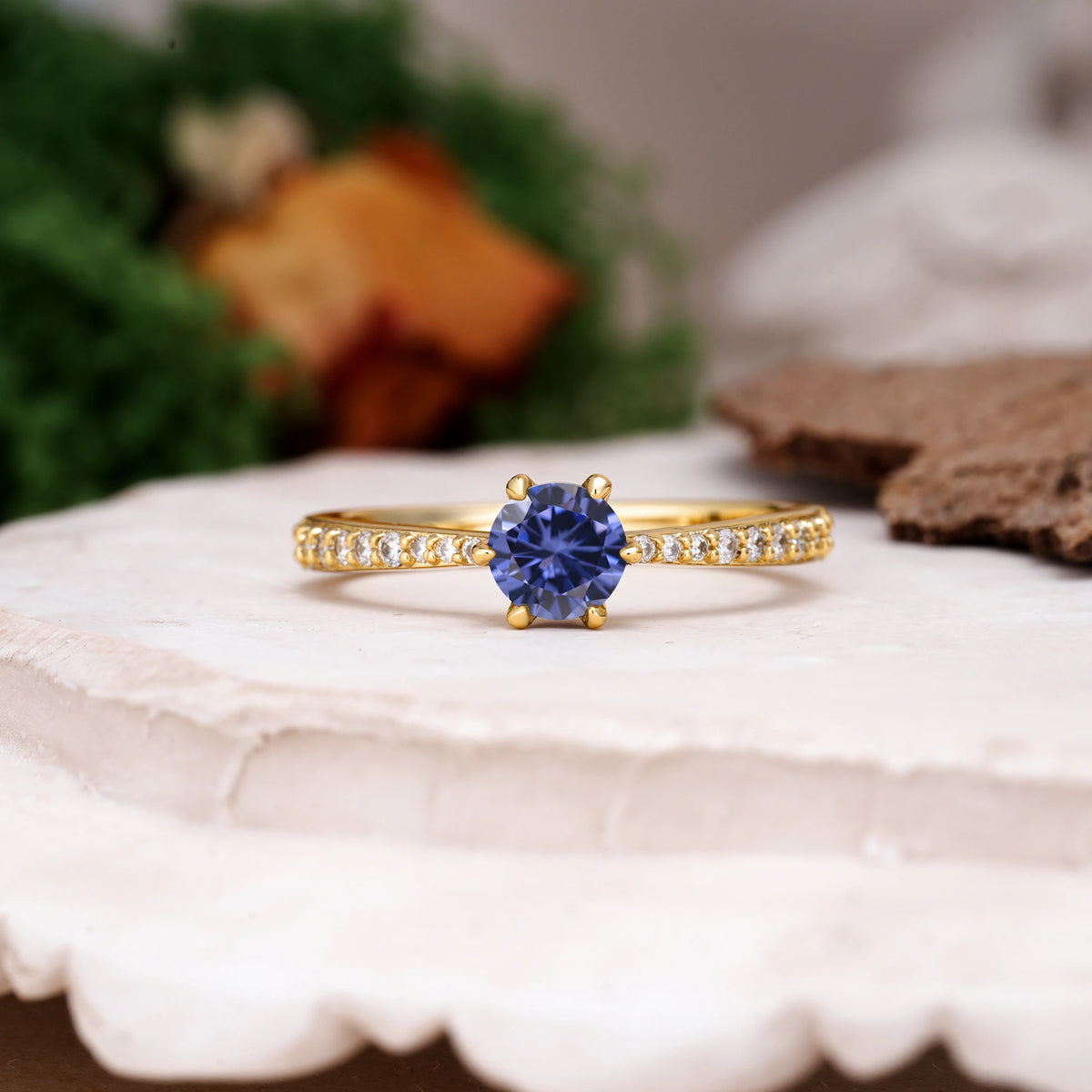 Round Cut Tanzanite Minimalist Pavé-Set, Luxurious 6-Prong Engagement Ring