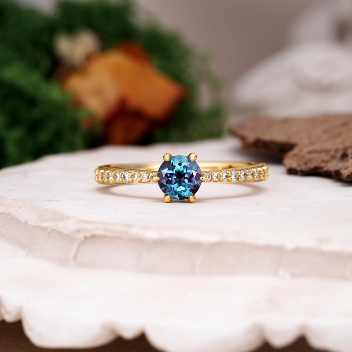 Round Cut Alexandrite Minimalist Pavé-Set, Luxurious 6-Prong Engagement Ring
