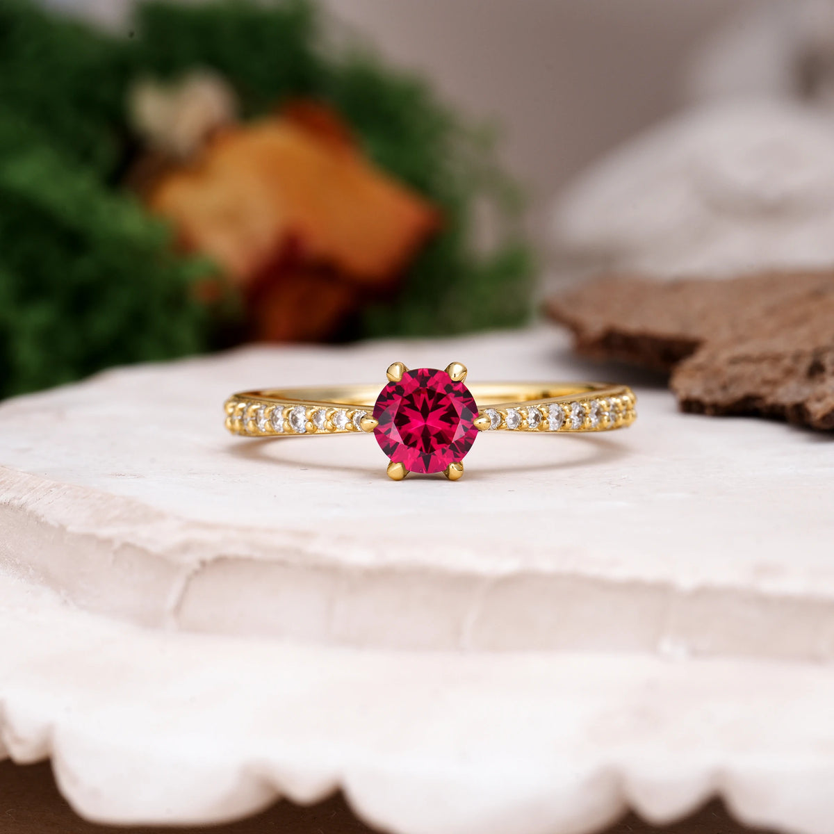 Round Cut Ruby Minimalist Pavé-Set, Luxurious 6-Prong Engagement Ring