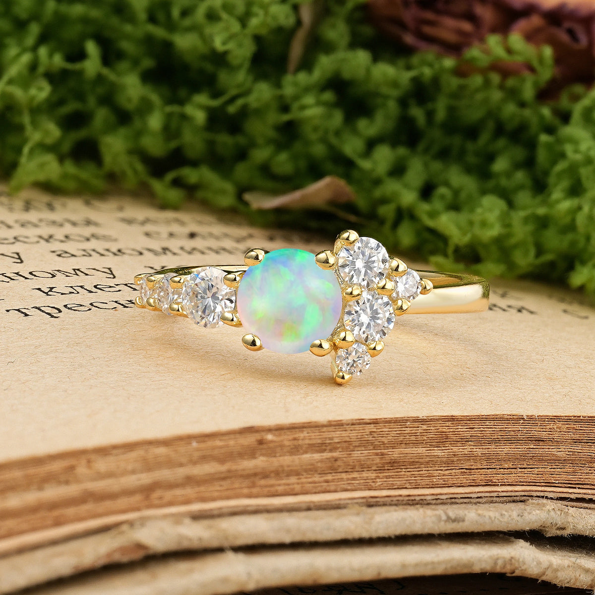 Round Cut Fire Opal Unique and Luxurious 4-Prong Engagement Ring