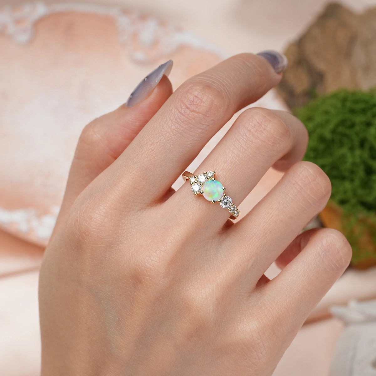 Round Cut Fire Opal Unique and Luxurious 4-Prong Engagement Ring