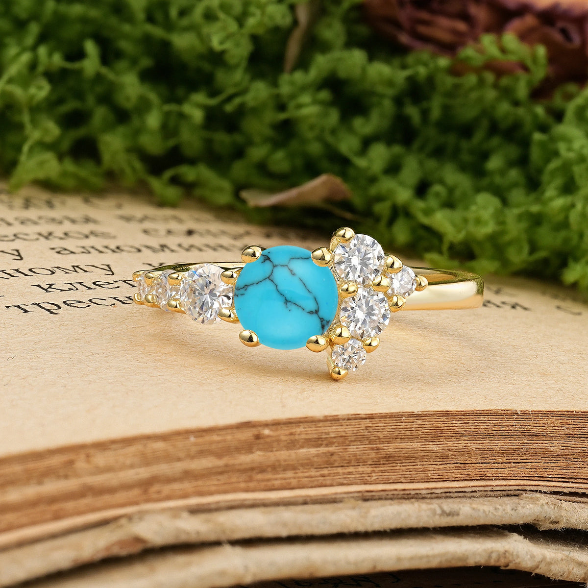 Round Cut Turquoise Unique and Luxurious 4-Prong Engagement Ring