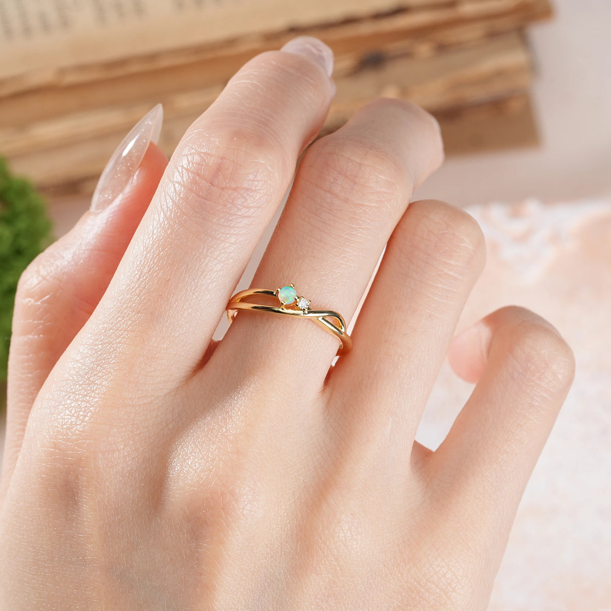 Round Cut Fire Opal Classic Minimalist Twisted 4 Prong Promise Ring